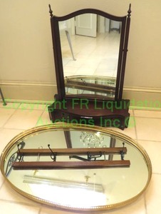 lot 516 image: Gentlemans stand alone wardrobe shaving valet mirror with single drawer and finials, vanity mirror tray, tie hanger