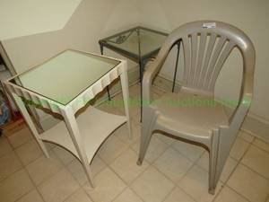 lot 517 image: Art deco wood mirror top and metal and glass accent tables, plastic chair as shown