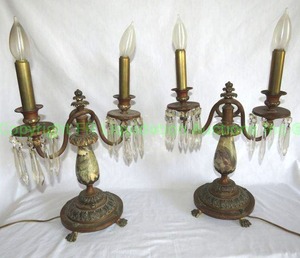 lot 521 image: Antique bronze and marble double arm candelabra girandole with crystal prisms and toenail clawfoot base, pair, 19 tall each