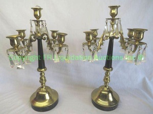 lot 522 image: Vintage Brass and black onyx stone 4 arm candelabra set w prism crystals, Japan, Pair, 16 tall each