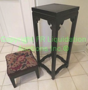 lot 532 image: Vintage wood accent fern stand 12 x 12 x 31and vintage foot stool w crewel needlepoint top