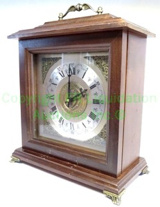 lot 507 image: Bulova Delta Tau Delta Fraternity wood case chime mantle clock, 14 tall