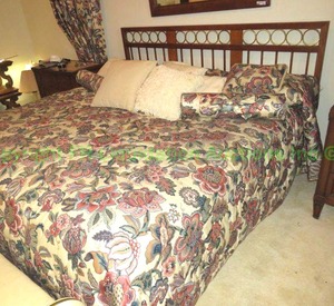 lot 480 image: Modern wood and brass trim king size bed headboard, frame includes bedding items (Mattress free for the taking)