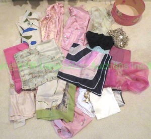 lot 505 image: Silk signed scarves (3), includes 1950s silk Jacques Fath Paris and other assorted scarves as shown