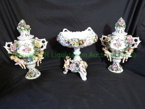 lot 475 image: Antique German classical Sitzendorf Dresden cherub & floral porcelain Urns and matching compote