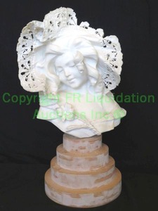 lot 588 image: Italian carved Carera marble art nouveau Parisian style bust of lady with lace hat. 27 tall