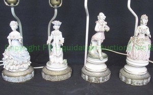 lot 706 image: Antique Dresden lace figural lamps with shades as shown. Set of 4, 22.5 tall