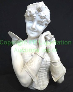 lot 654 image: Signed Emilio Fiaschi Italian carved marble cherub bust (Italian sculpture, 1858-1941), Finely executed. Repair to wing. Listed artist. 21 tall
