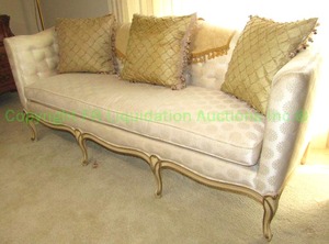 lot 762 image: French provincial Chesterfield style sofa with high arms and throw pillows (silk damask upholstery needs repairs, see pics)