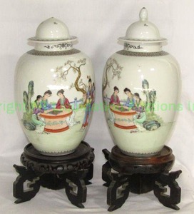 lot 759 image: Asian Ming style ceramic lidded temple ovoid jars with wood pedestals