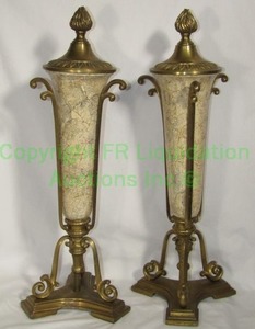 lot 750 image: Venetian style enameled brass lidded amphora jars, 21.5 tall