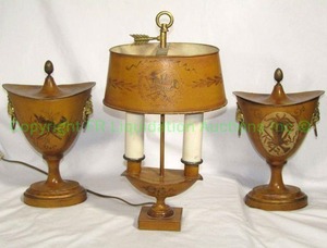lot 749 image: Vintage French country tole painted bouiotte desk lamp and lidded urn garniture. Marked MADE IN FRANCE, cord needs attention
