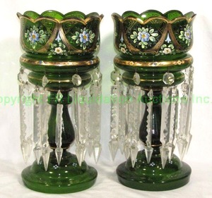 lot 745 image: Bavarian or Czech bohemian green glass hand painted prism lusters, PAIR 14 tall