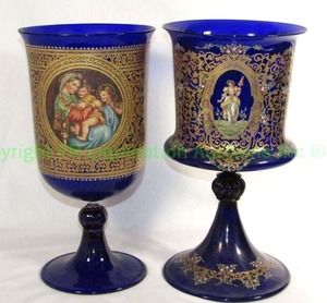 lot 229 image: Antique Lobmeyr style Renaissance French Cobalt goblets w gold overlay and center portrait medallions