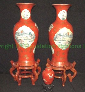 lot 760 image: Palace vases made in Japan with wood bases (one vase broken at top) and small ovoid jar, Vases 24 tall