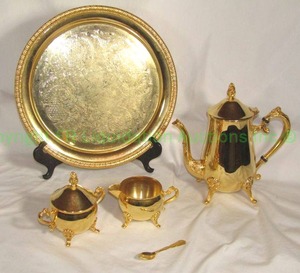 lot 764 image: Gold electroplated 5 piece tea service set w tray