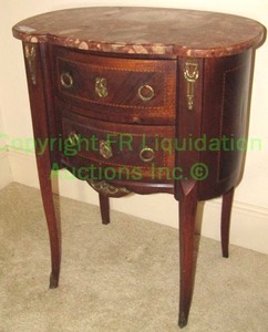 lot 736 image: Antique French Louis XV Rogue Marble Top Satinwood Inlay Bombe Nightstand Table, Bronze Ormolu Mounts24 x 16 x 29.5