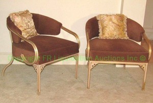 lot 734 image: Vintage low barrel back metal chairs with Troy sunshade all weather upholstery with pillows, Pair