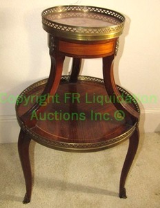 lot 770 image: Regency style vintage marble top dumbwaiter two tier teak veneer and solids and pierced brass galleries and mounts