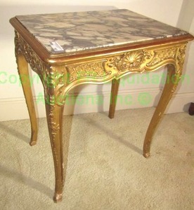 lot 763 image: Antique Louis XI accent table with fitted inset marble top and carved apron and legs with shell, crosshatch motif , 24 x 18 x 27