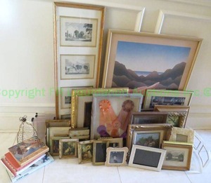 lot 122 image: Art selection. Includes framed Victorian engravings, landscape, shadowbox, art books plus as shown