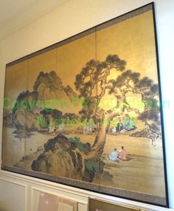 lot 123 image: Vintage Asian 4 panel silk textile framed screen, 72 x 99
