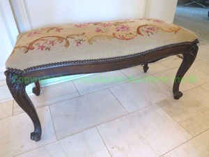 lot 127 image: Vintage bench with whorl form foot and needlepoint crewel top, nail head accent, 39 x 17 x 20