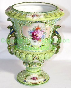 lot 845 image: Vintage double handled urn with hand painted florals and hand applied raised dot enamel work