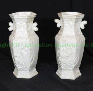 lot 842 image: Antique Chinese blanc de chine hard paste baluster vases with applied lotus handles and bird decoration, PAIR c1920s
