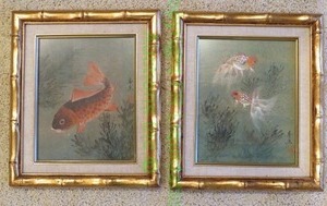 lot 843 image: Antique hand painted Asian Koi fish on rice paper, gold gilt frame in bamboo form