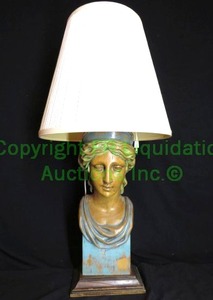 lot 735 image: Table lamp with ships figurehead painted Graeco-Roman female form solid wood carved, 35 tall