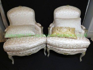 lot 768 image: French Country Bergre Louis XV style chairs with bolster pillows, PAIR