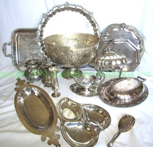 lot 273 image: Walker & Hall Sheffield EPNS Victorian hand chased silver plate with monogram medallion blank and other serve ware