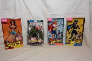 lot 68 image: Barbie Dolls, Wonder Woman, Bat Girl, Super Girl, and Hulk Action Figure