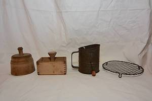 lot 111 image: Rectangular Vintage Wood Butter Mold, Vintage Round Wood Butter Mold, Vintage Flour Sifter, Metal Rack