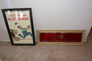 lot 171 image: Budweiser Beer Mirror, Guinness Framed Poster