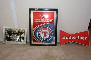 lot 174 image: Texas Rangers Budweiser Mirror, Budweiser Metal Sign, Smirnoff Beer Mirror