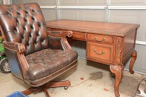 lot 1 image: Large, Solid Wood, Office Desk, Leather Rolling Office Chair