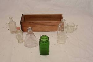 lot 53 image: Antiques Early Century Vintage Medicinal Glass Bottles and Wooden Box
