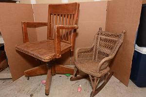 lot 35 image: Rotating Wooden Desk Chair on Wheels & Antique Victorian Era Childs Wicker Rocking Chair