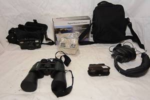 lot 7 image: Antique Opera Viewing Glasses, Eddie Bauer 150m-1,000m Binoculars, View Master, Samsung Film Camera, Digital Binocular C