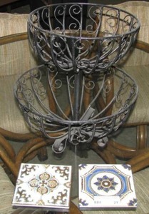lot 21 image: 2 tier wrought iron standing basket and tiles