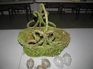 lot 69 image: Moss covered iron basket w 5 crystal eggs