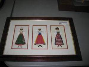 lot 93 image: Framed Cultural Fiber Art portraying ceremonial dresses  Antique Fashion Plates