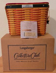 lot 4 image: LONGABERGER 2001 WHISTLE STOP COLLECTORS CLUB BASKET WITH COA AND BOX.