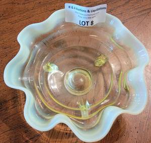lot 8 image: FENTON  NORTHWOOD OPALESCENT RUFFLED EDGE BOWL IN STYLE, COLOR, AND CONDITION SHOWN.