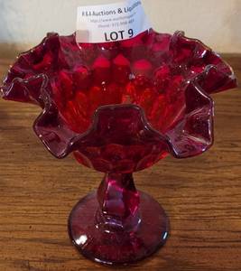 lot 9 image: FENTON FOOTED COMPOTE DISH WITH RUFFLED EDGE IN STYLE, COLOR, AND CONDITION SHOWN.