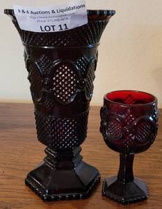 lot 11 image: VINTAGE AVON RUBY RED VASE AND GOBLET.