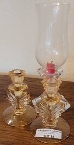 lot 18 image: LOT OF GLASS CANDLE HOLDERS IN STYLES, COLORS, AND CONDITION SHOWN.