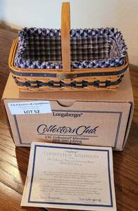 lot 52 image: LONGABERGER COLLECTORS CLUB J. W. COLLECTION MINIATURE 2000-2001 EDITION GATHERING BASKET IN STYLE, COLOR, AND CONDITION SHOWN.